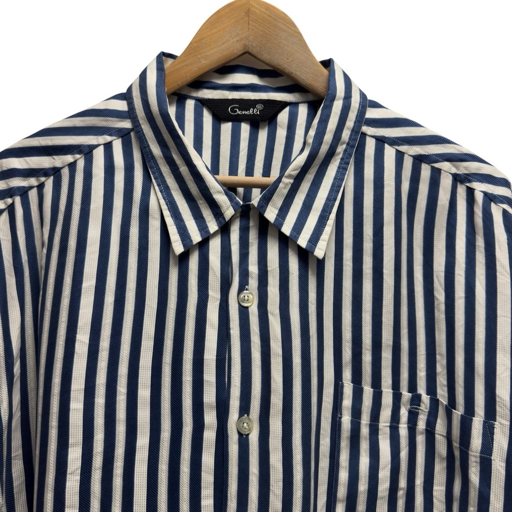 Genelli Vintage Mens Size XXL Blue/White Striped Silk Button Front S/S Shirt euc